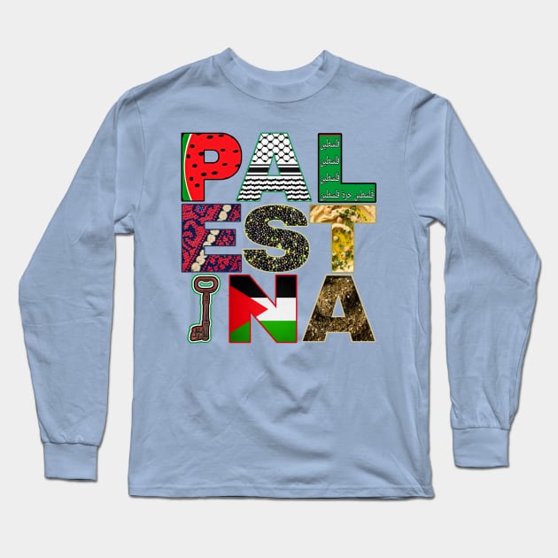 PALESTINA- Watermelon - Keffiyeh - Palestine Will Be Free - Palestine Fabric - Olives - Hummus - Key of Return - Palestine Flag - Za'atar - Front Long Sleeve T-Shirt by SubversiveWare